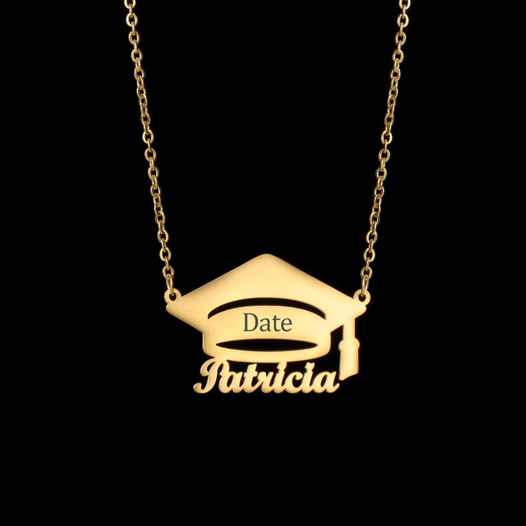 Atoztide Personalized Custom Name Necklace for Women Stainless Steel Bachelor's Hat Pendant Cuban Chain Graduation Jewelry Gift