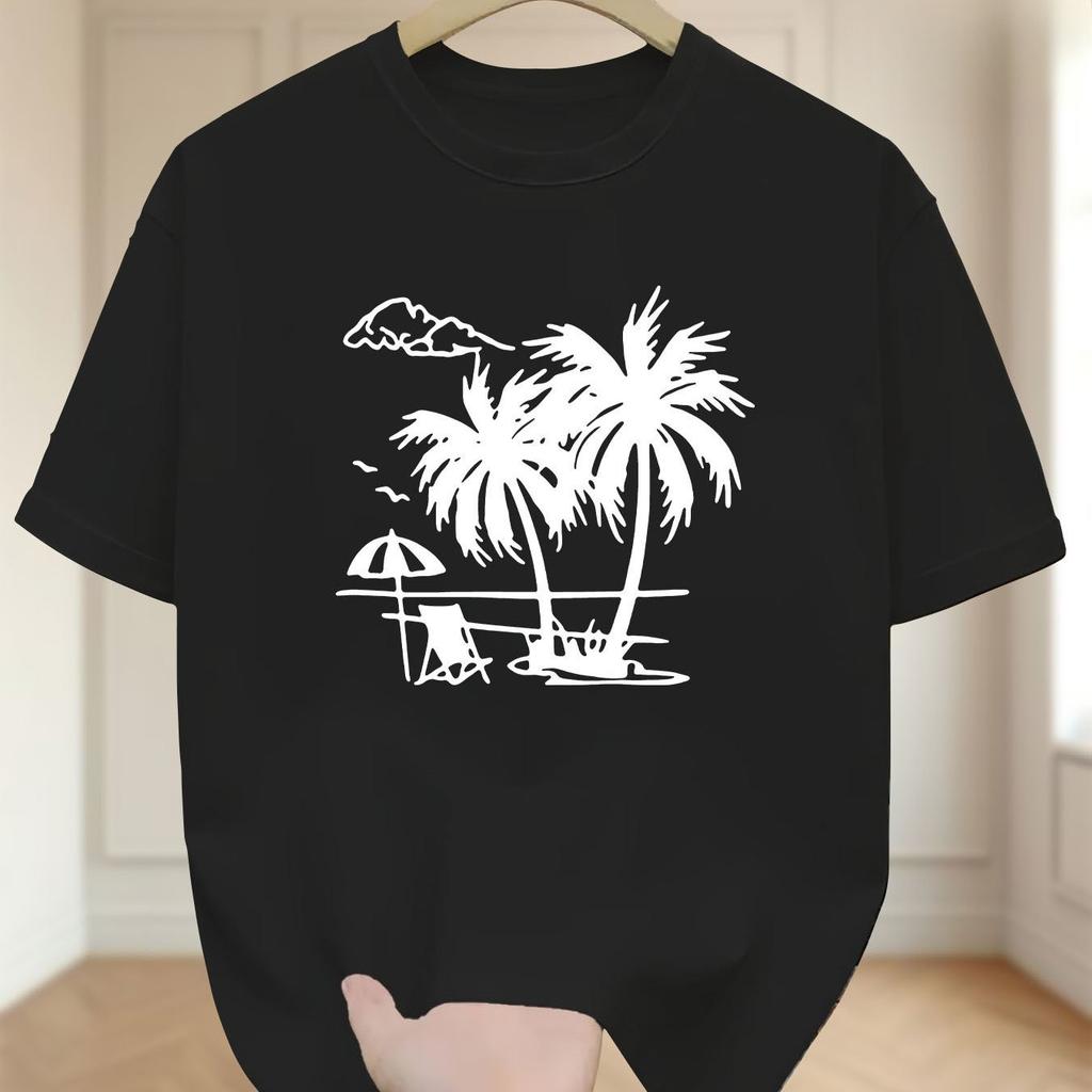 Men's Tropical Palm Tree Print Cotton T-Shirt -Round NeckCotton Casual Beach Tee Resort Tropica
