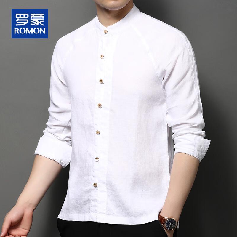 ROMON Men's 100% Linen Stand-Up Collar Long Sleeve Shirt