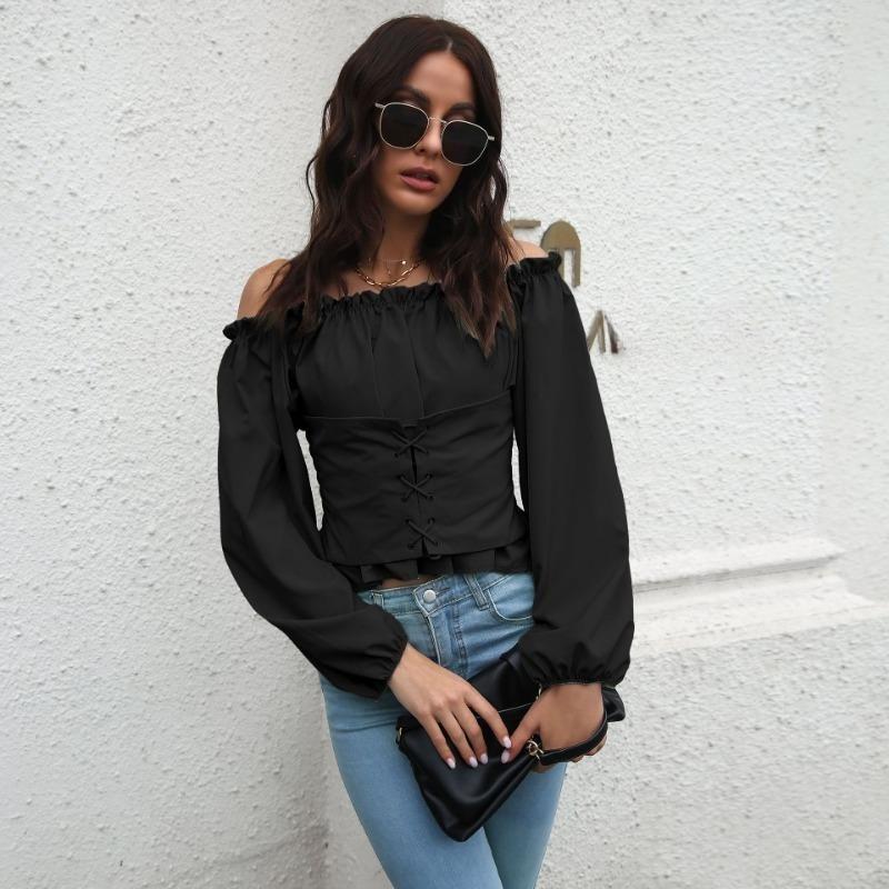 Off Shoulder Hot Style Front Straps Women Blouse Long Sleeve Slim Waist Pleated Short Top Elegant Casual Shirt New Solid Color Ruffled Clothng