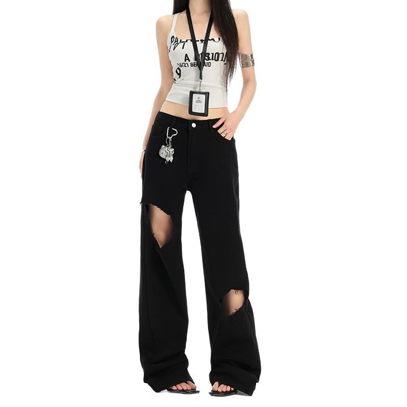 American ripped black jeans women's summer new thin high waist narrow version wide leg mopping pants niche