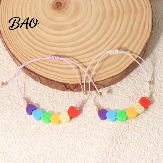 Fashionable Stackable Bracelet Colorful Hearts Bracelet, Handmade Braided Cord String Adjustable Sweet Aesthetic Hand Ornament Heart Shaped Clay Beads