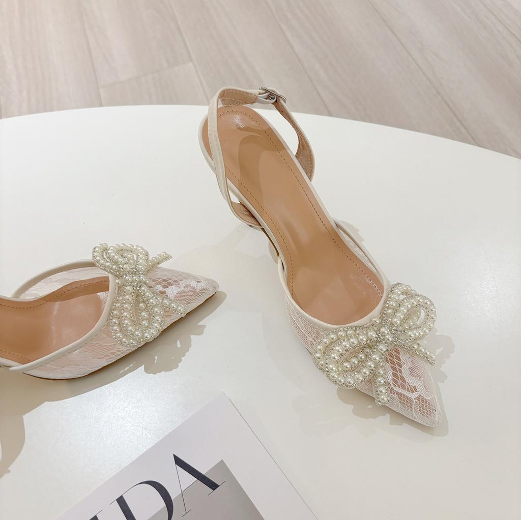 Fashion New Spring 2025 White High-Heeled Women'S Pearl Bow Lace Pointed Toe Sexy And Versatile Sandals
