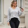Women Plus Size Solid Color Knitwear Deep V Neck Long Sleeve Ribbed Knit T Shirt Top