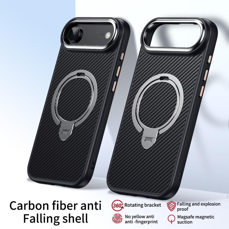 Carbon Fiber Rotating Stand Magnetic Magsafe Phone Case For iPhone 17 16 15 14 13 12 Pro Max 17Air 16E Metal Camera Frame Button