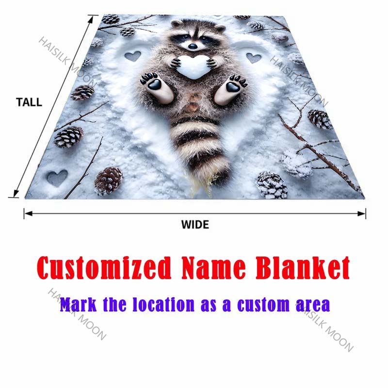 1PC Raccoon holding heart in snow pattern Blanket Flannel Material Soft Warm for All Seasons,For Home Outdoor Camping Picnics RV