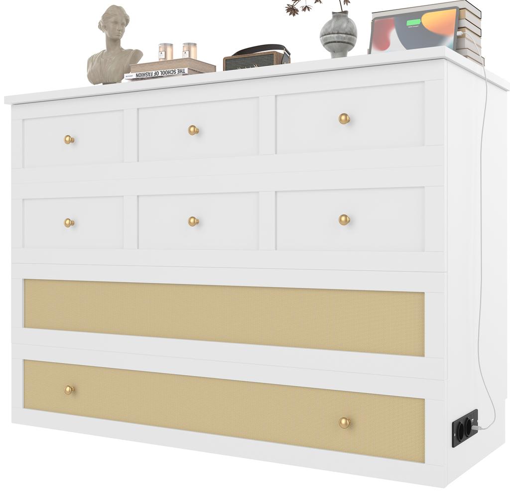 Cabinet Bed, 140 x 200, with Drawers at the Foot and Shelf at the Head of the Bed, with USB and Socket, Convertible Platform, Without Mattress, White