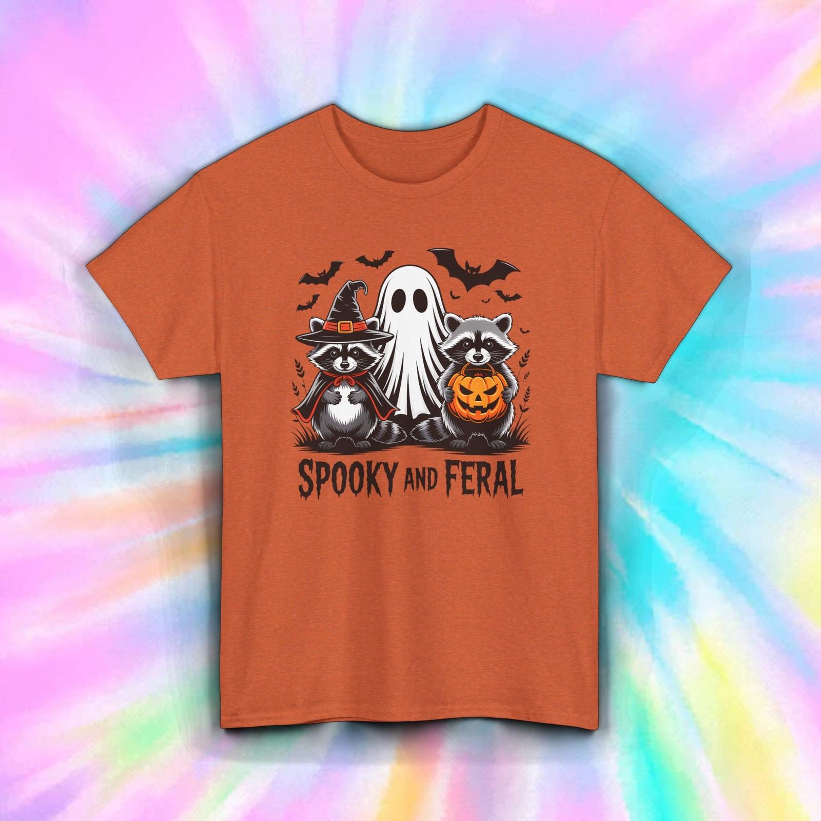 Spooky and Feral Halloween Shirt | Funny Raccoon Ghost Pumpkin Graphic Tee S-5XL M