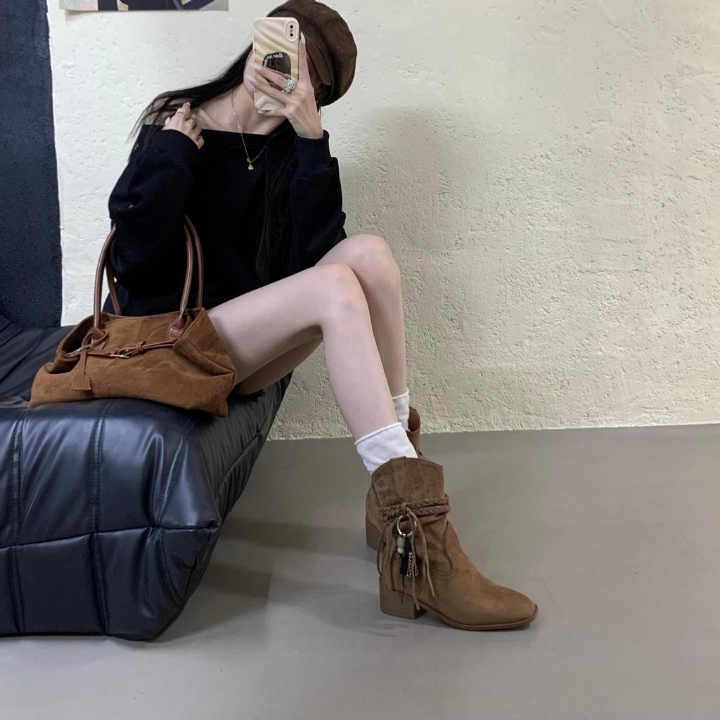2025 Autumn and Winter New Tassel Thick Heel Women's Boots Square Head Inner Height Increase Western Cowboy Boots High Heel Knight Medium Boots