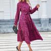 Rose Red Spring Women's Fashion Printed Collar Ruffled Long Sleeve Lace-up Waisted Dress