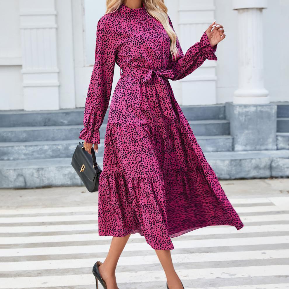 Rose Red Spring Women's Fashion Printed Collar Ruffled Long Sleeve Lace-up Waisted Dress