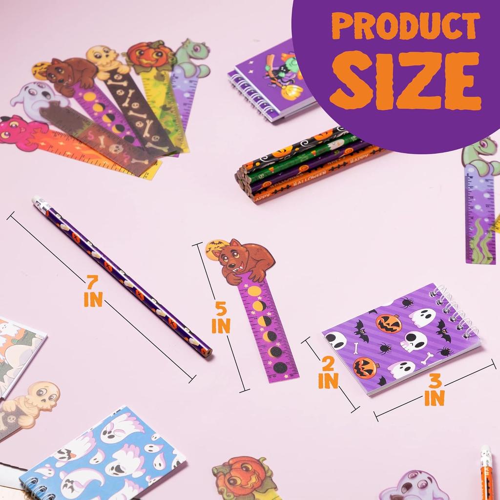 JOYIN 72 Pcs Halloween Assorted Stationery Set, 24 Packs Halloween Theme Pencils, Rulers and Notepads Party Favor Set for Kids Classroom Gift Prizes,