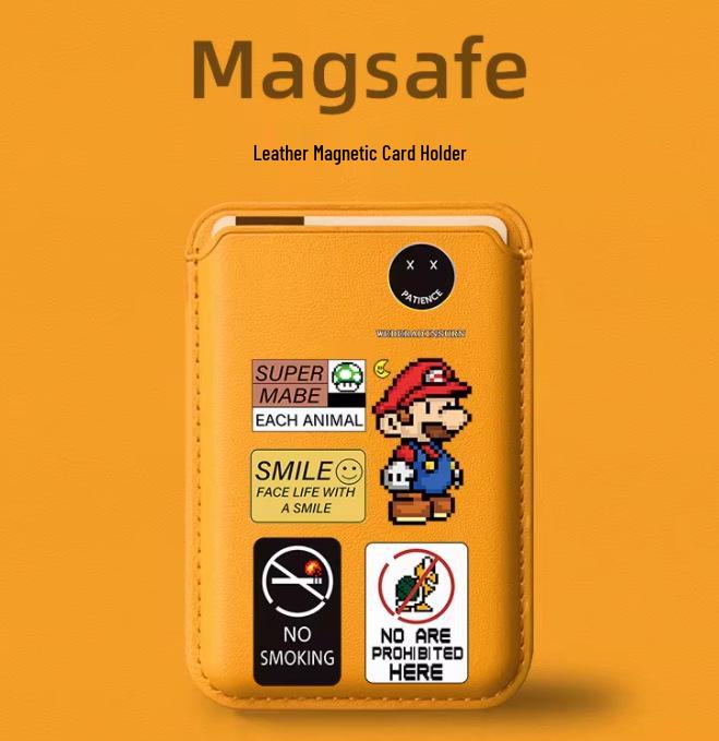 Pixel Mario MAGSafe Leather Card Holder Case for Apple Phones Single Card Holder
