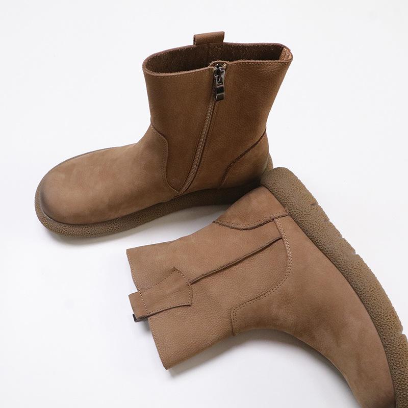 Johnature Versatile Solid Color Short Boots Retro Genuine Leather Round Toe Flat Women's Shoes