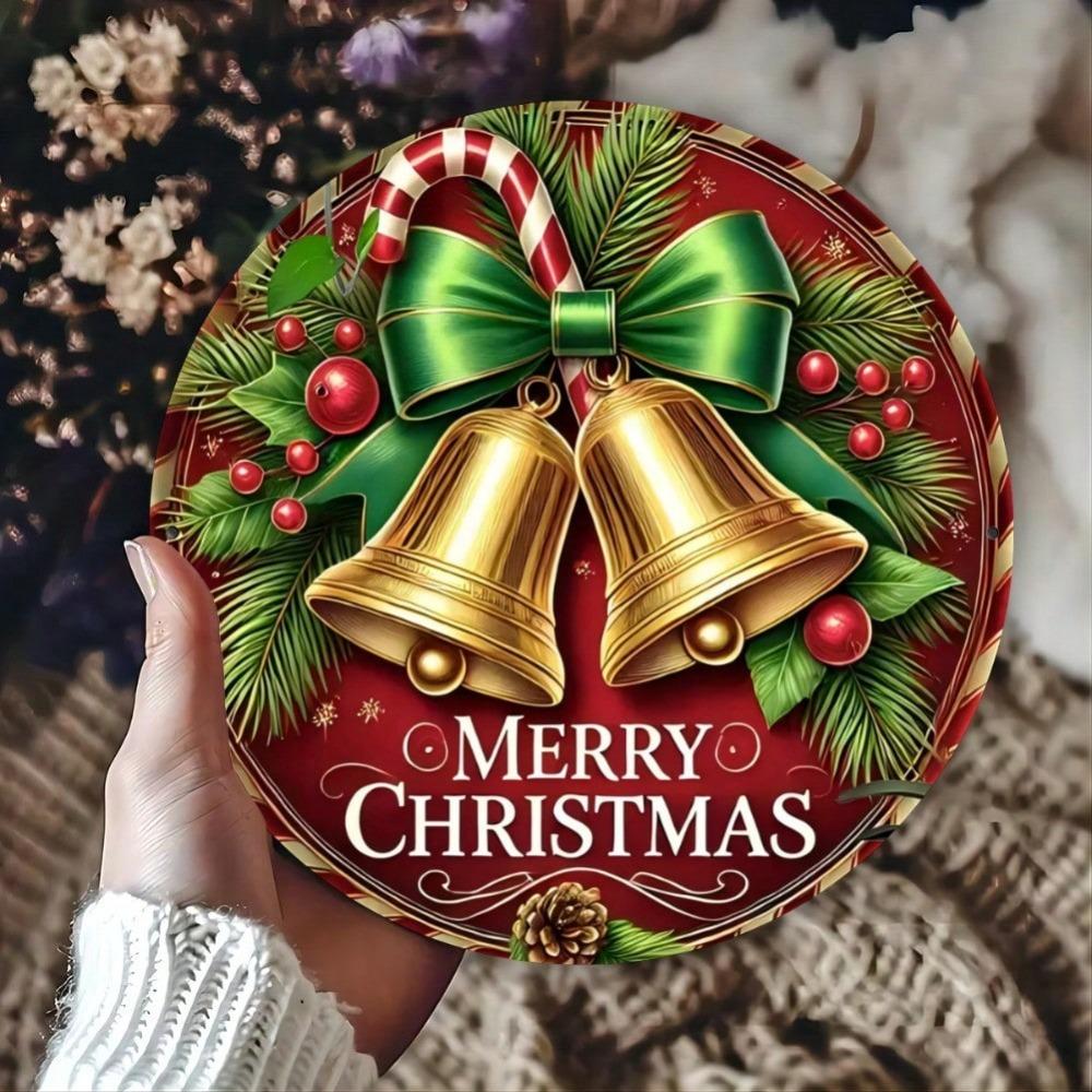 Metal Christmas Bell Round Wall Decor Sign 8 Inch Iron Art For Home Bar Cafe