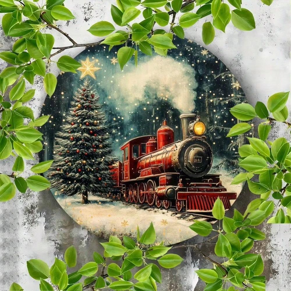 Metal Tin Sign Vintage Christmas Tree Train Wall Art Home Kitchen Decor