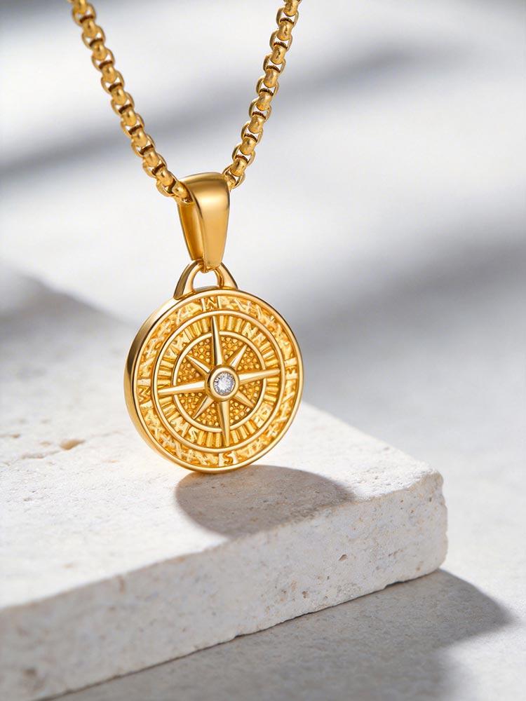 Vegvísir Zircon Octagram Round Pendant for Women Men Stainless Steel Chain Necklaces Couple'S Protective Charm Jewelry