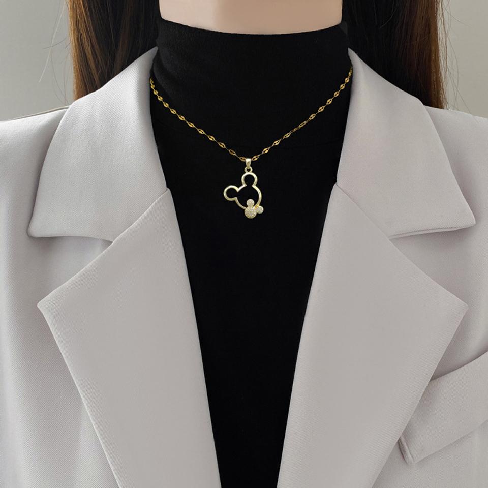 ZAKOL Gold Color Stainless Steel Hollow Mouse Head CZ Necklace for Women Cute Collar Accessories Girls Birthday Gift