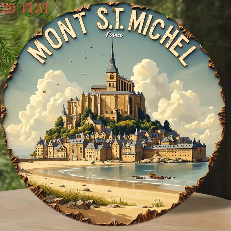 Mont St Michel France D Flat Round Metal Sign  Retro Travel Wall Decor for Home Bar Living Room 20x20cm(8x8inch)