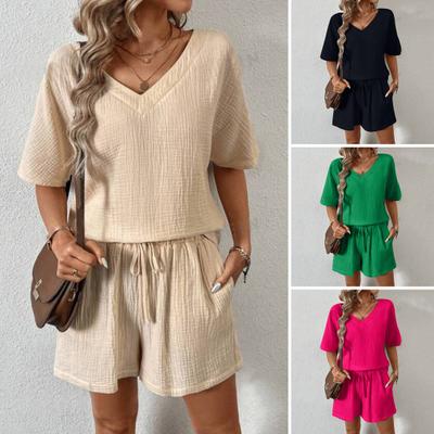 Conjunto de 2 peças/roupas femininas casuais, decote em V, manga curta, camiseta, cintura elástica, cordão, pernas largas, shorts, conjunto de cor sólida, tecido amassado