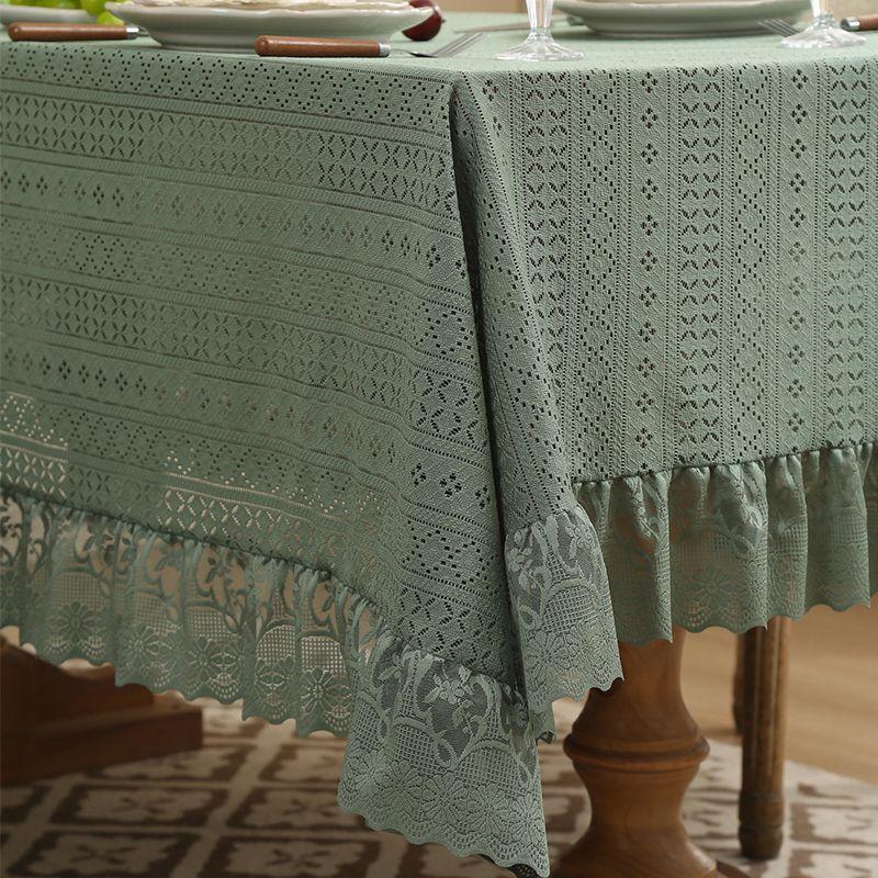 Vintage Coffee Table with Green Hollow Lotus Leaf Edge Lace Tablecloth and Rectangular Dining Table Cloth