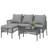3 Piece Rattan Garden Furniture Corner Sofa Set with Chaise Lounge, Loveseat, Glass Coffee Table, Cushions, Dark Grey