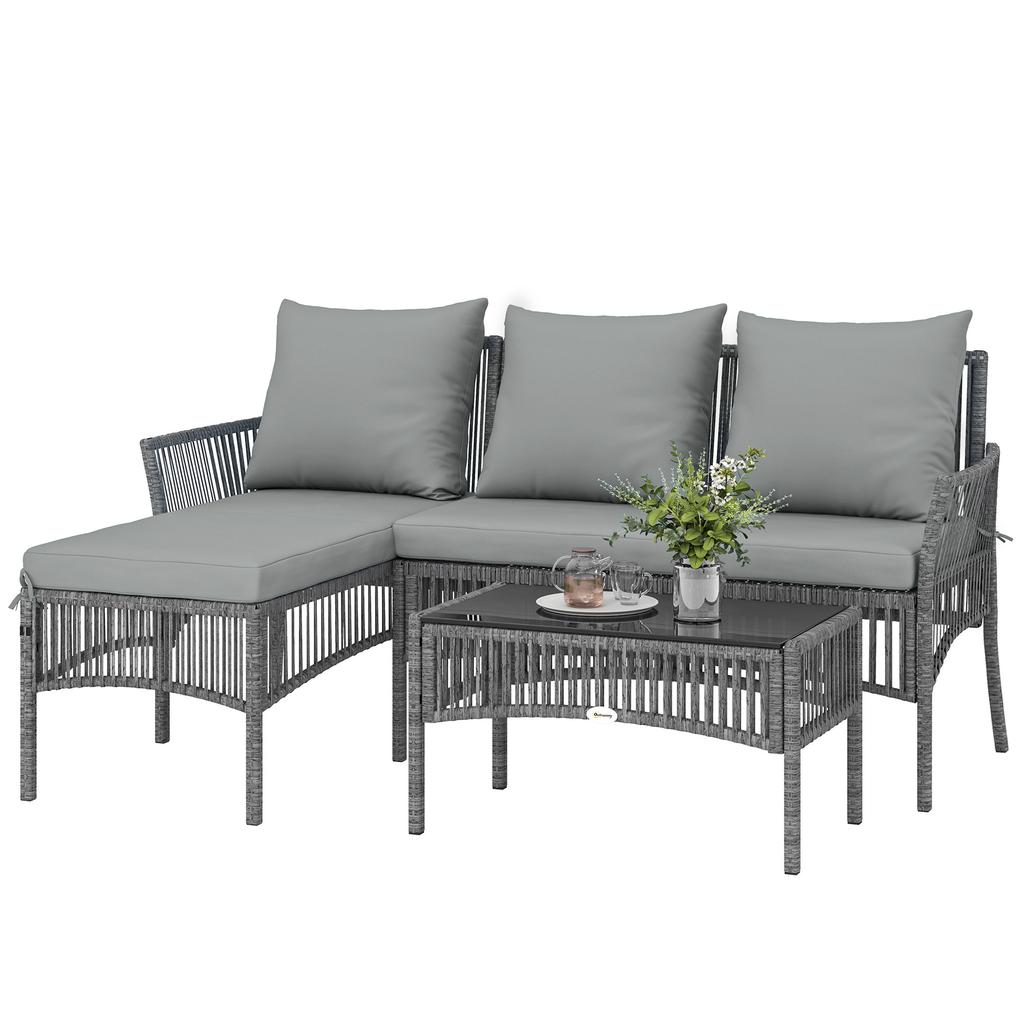 3 Piece Rattan Garden Furniture Corner Sofa Set with Chaise Lounge, Loveseat, Glass Coffee Table, Cushions, Dark Grey