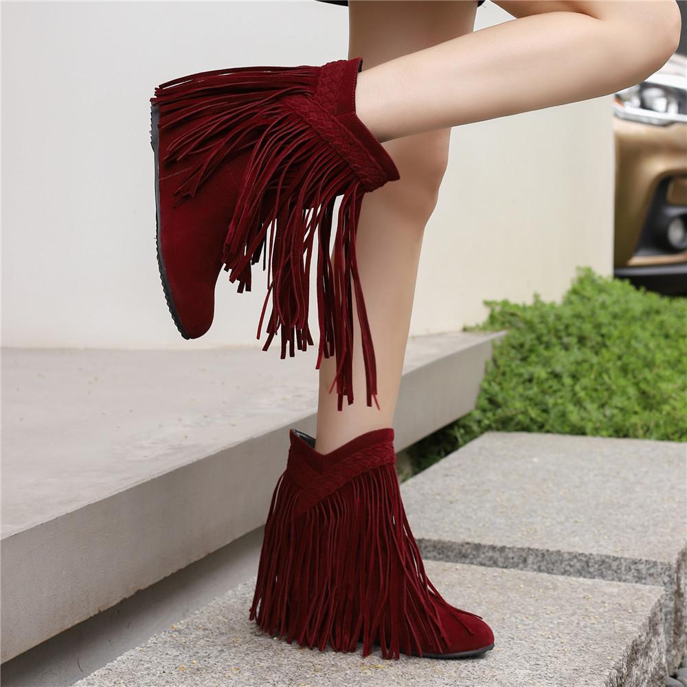 Mote 2025 Mote Høst Vinter Ny Etnisk Kvinne Bohemsk Flock Dusk Skjult Mokasin Ankelstøvletter Støvletter Frynser Kvinne Slip-On Sko