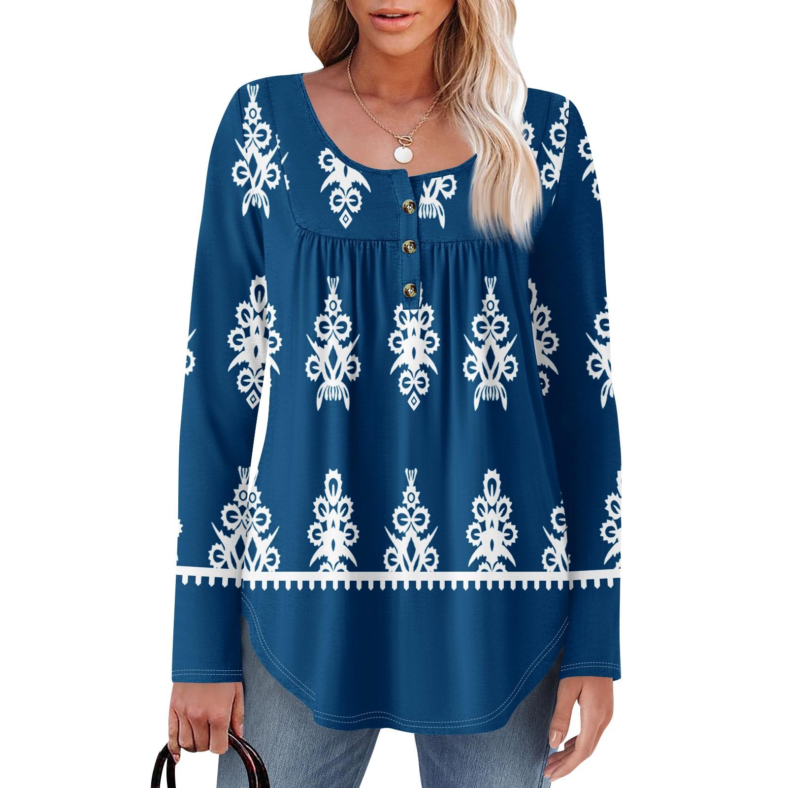 

Женская туника с длинным рукавом, свободные топы, повседневные топы оверсайз, плиссированная туника, застегивающаяся на пуговицы, повседневные женские топы с принтом XL