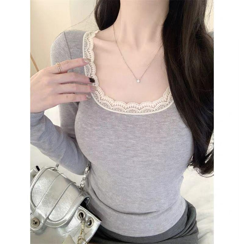 Pure Desire Lace Long Sleeve Slim Fit Top for Women - Autumn/Winter 2025, Sexy Low Square Neck Fake Two-Piece Design.