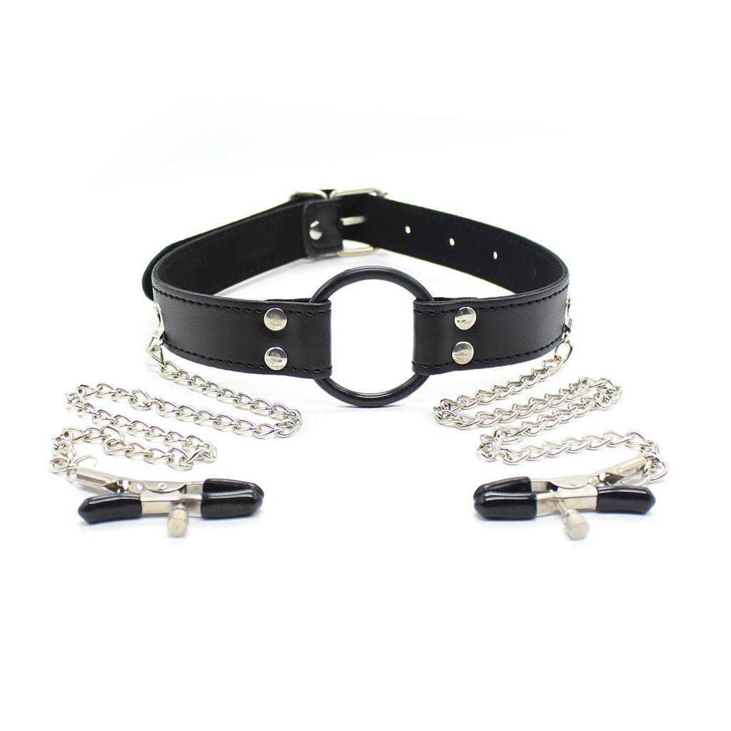 BDSM Ball Gag with Nipple Clamps Chain Set Hollow Perforated Mouth Gag Slave Role Play Bondage Adult Sex Toy for Women Men