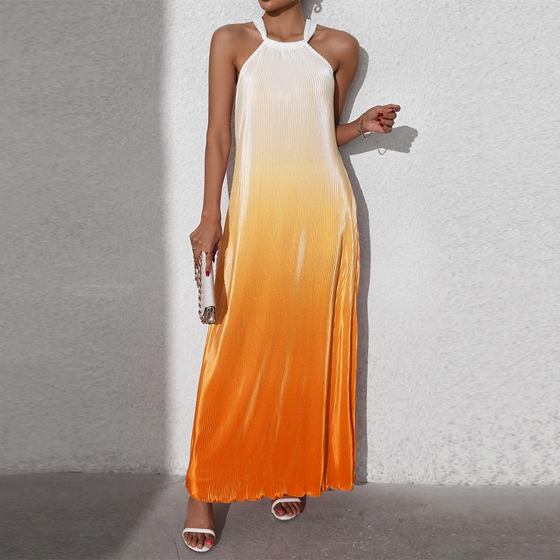 European & American Gradient Halter Neck Backless Dress - Spring/Summer A-Line Maxi with Spaghetti Straps. Small оранжевый