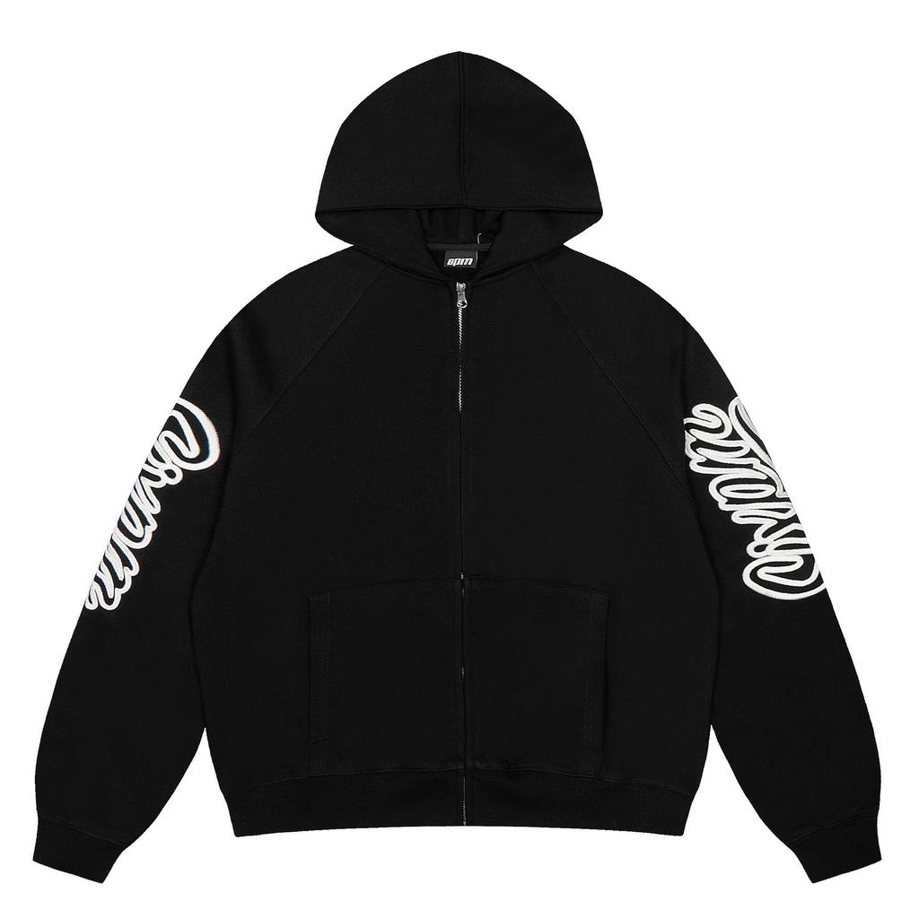 Trendige 6PM schwere Baumwoll-Reißverschlussjacke: Lockerer Schnitt, Streetwear-Stil mit aufgesetzter Stickerei.