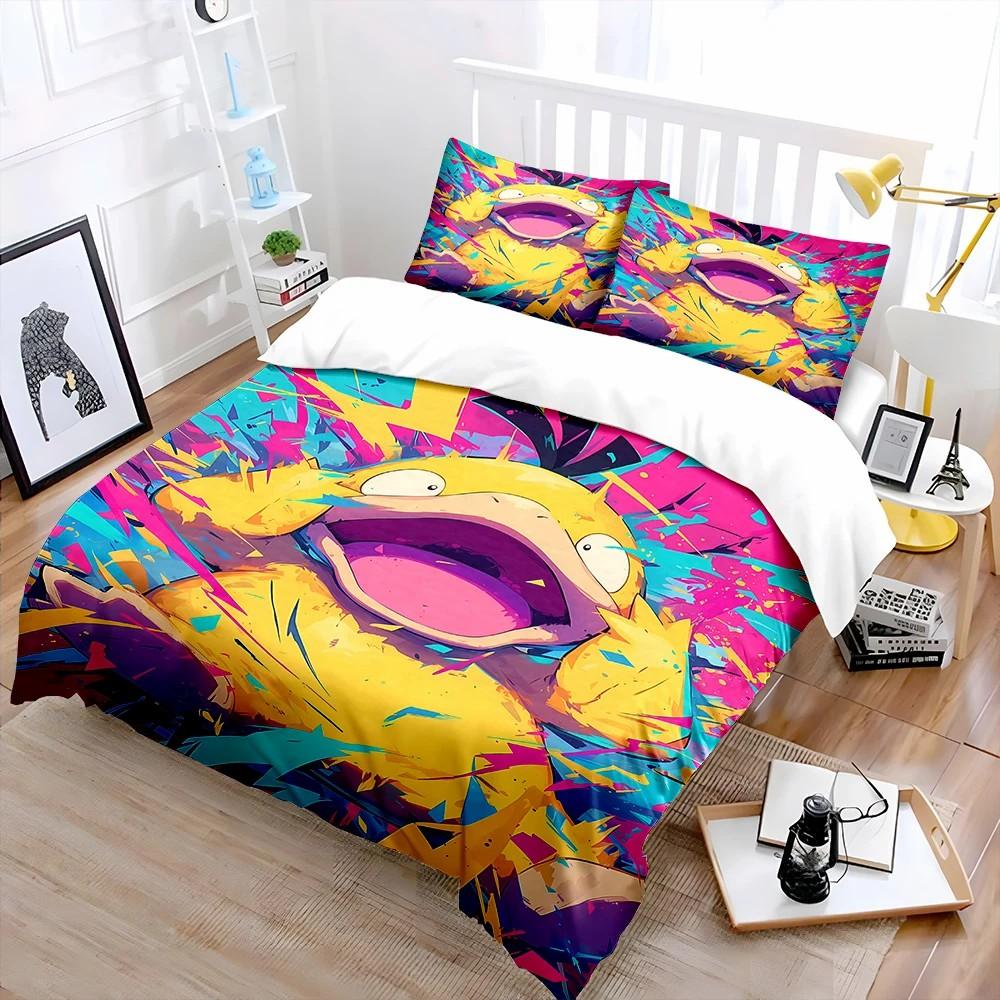 Free Shipping! Cute P-Psyduck Theme Bedding Set 3 Pieces Quilt Cover Pillowcase  Us Twin Adult Bed Cover Bedroom Set Kids Gift