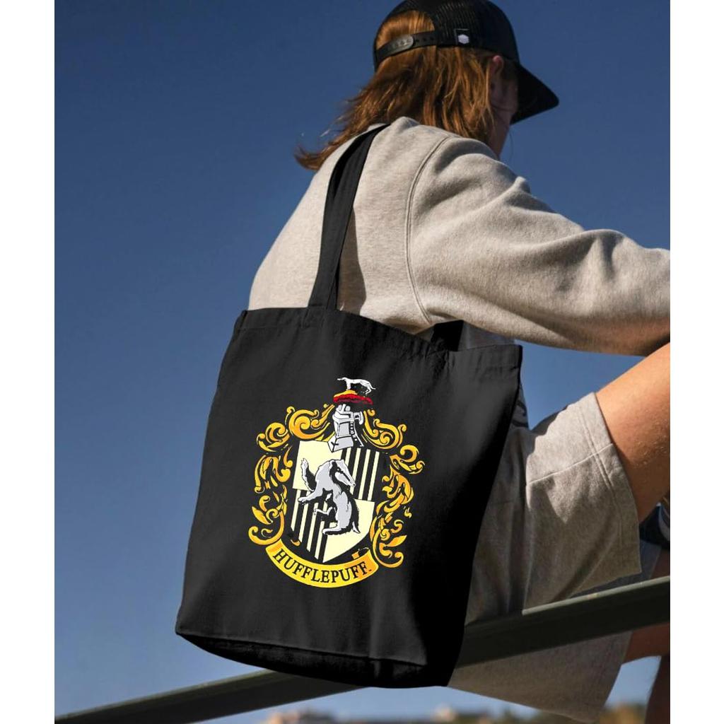 ERT GROUP Harry Potter Large Tote Bag (Hufflepuff) - Stylish A4 Canvas Shoulder Bag for Men and Women, Large Capacity, Black, 100% Cotton, Foldable,