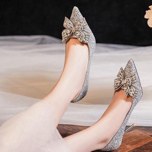 Francuskie piękne buty ślubne damskie nowe show On główna suknia ślubna dwa noszenia cienkie obcasy srebrne ślubne wysokie obcasy kobiety nie są zmęczone