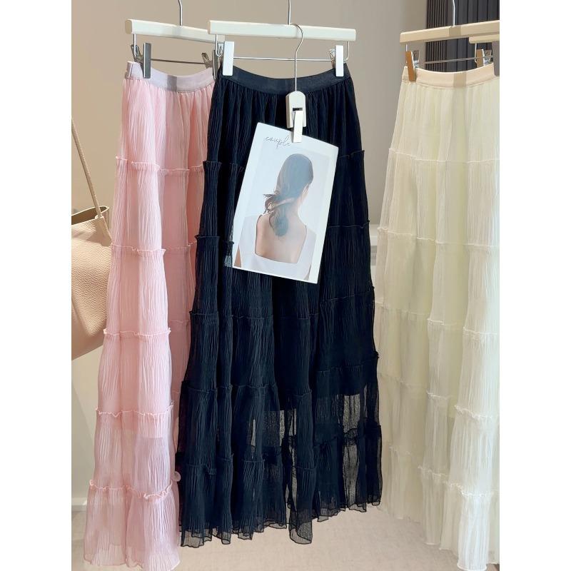 Heavy Industry pleated texture mesh skirt women's spring and summer new A-word elegant big swing umbrella skirt cake skirt