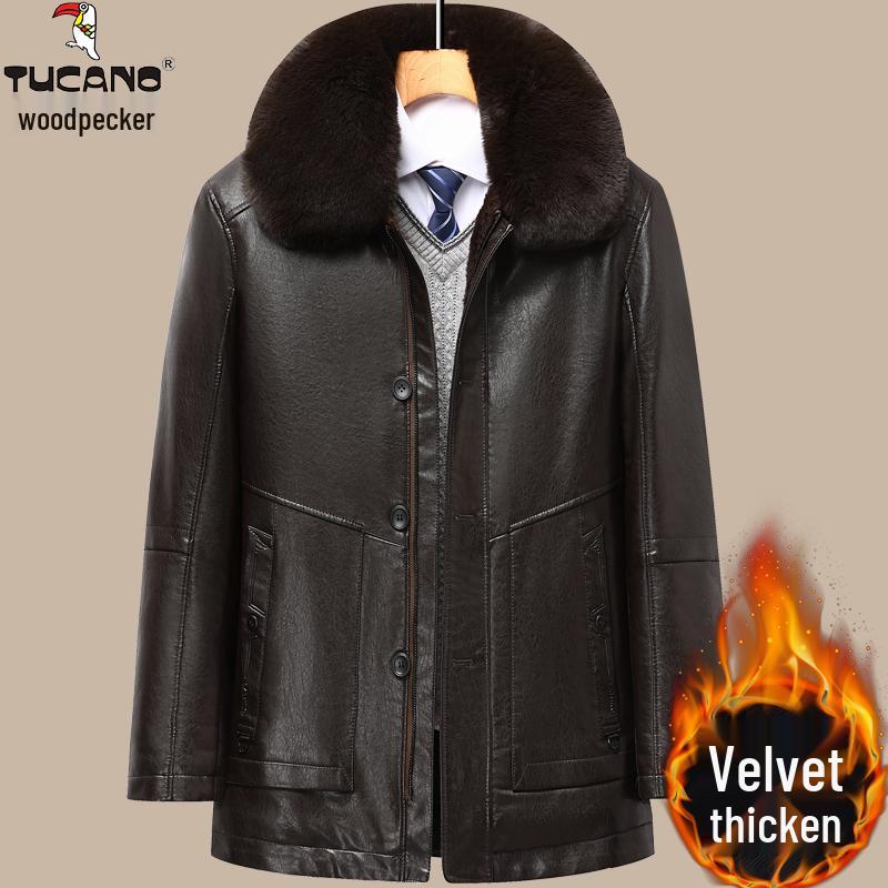 Woodpecker Men's Warm Leather Jacket for Dad and Grandpa - Plus Velvet Winter Coat