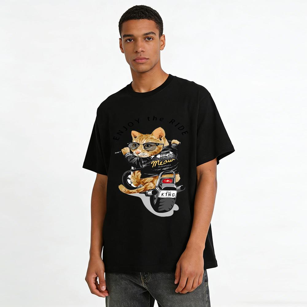 Cool Motorcycle Cat Print Tee Enjoy The Ride Trendy Casual Top Pure cotton T-shirt