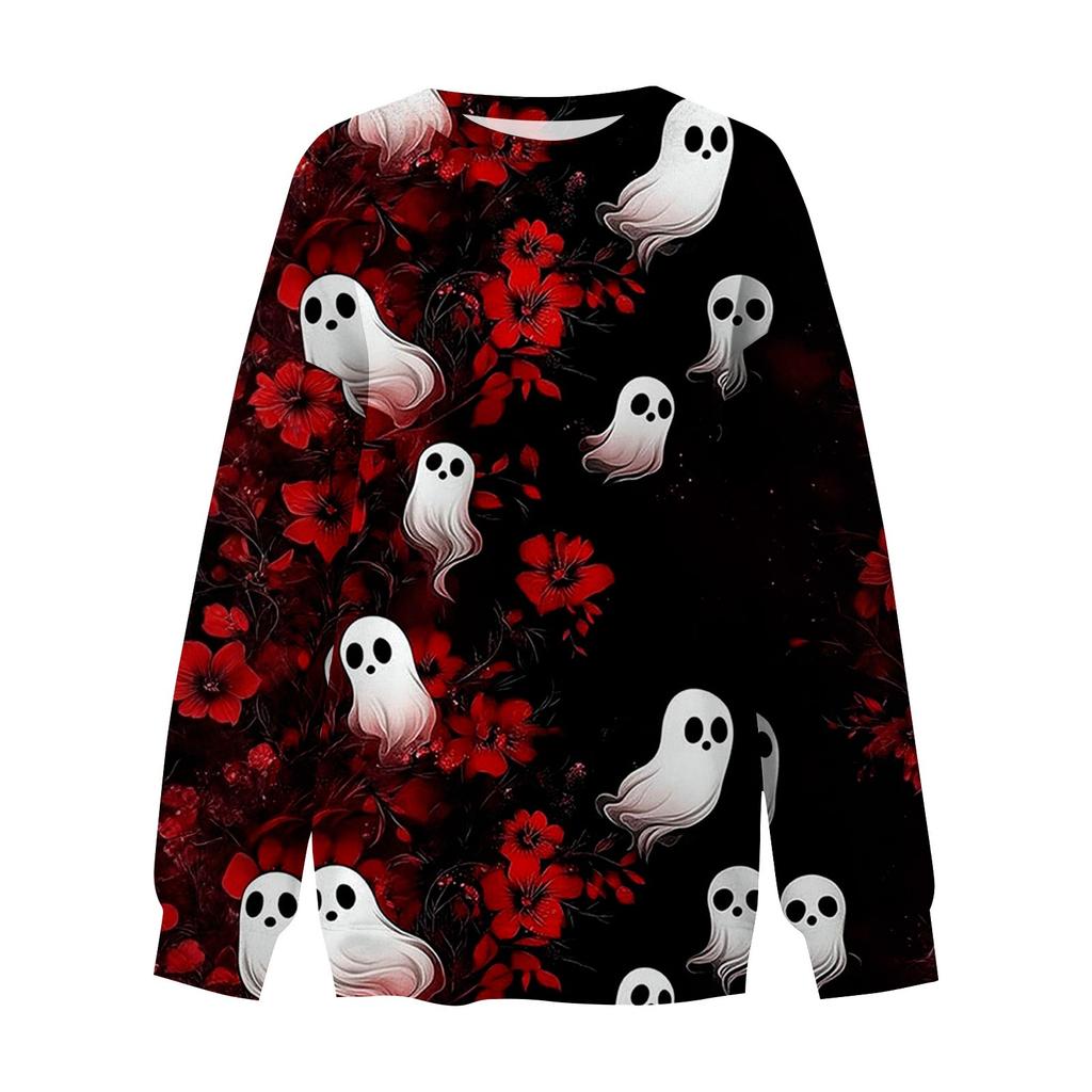 Women's Fashion Casual Long Sleeve Halloween Printed Neck Sweatshirt Top