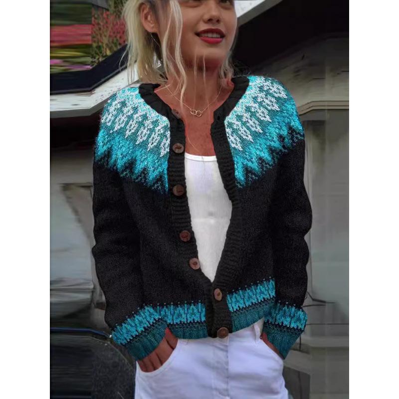 Cardigan Tricot Femme Col Rond Boutonnage Simple Imprimé Floral Manches Longues Vêtement d'Extérieur Décontracté