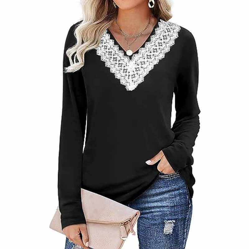 Autumn Winter Solid Color Lace Patchwork V Neck Long Sleeve Loose T-shirt Women Plus Size Tops