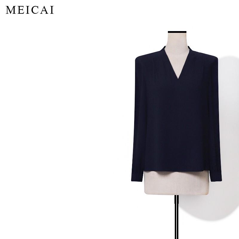 

Meicai Navy Blue Triacetate Slimming Blouse - Elegant Women s Versatile Old Money Style Shirt S (up to 48 kg)