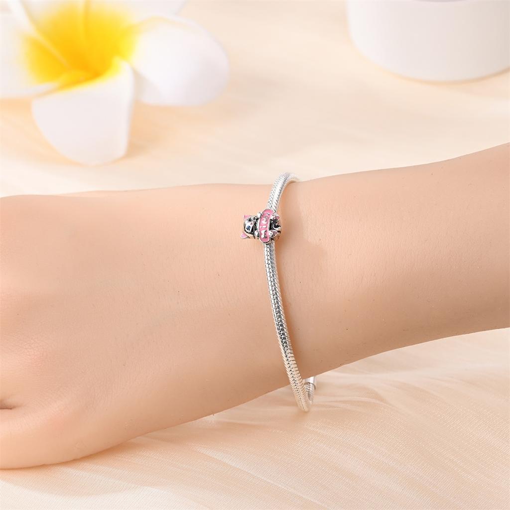Original Copper Charms Luxury Pink Scooter Cat Animal Beads Fit Bracelet Diy Women Making Delicate Gift
