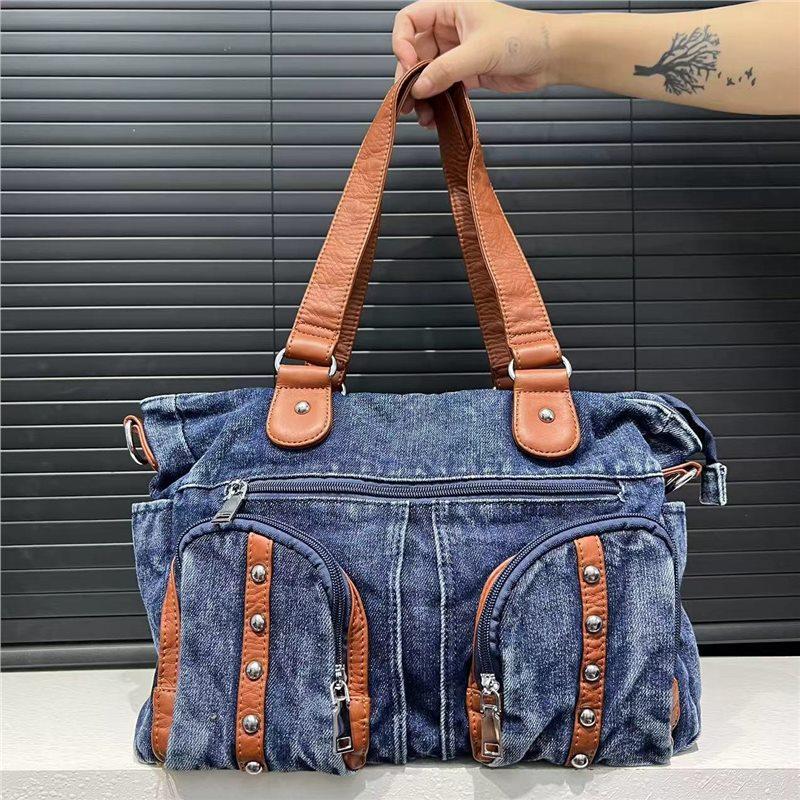 Korean Version Of Retro Multi-Pocket Splicing Washed Punk Denim Shoulder Bag