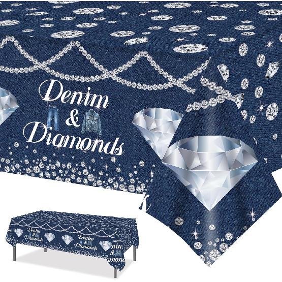 umoni Denim and Diamonds Party Tablecloth 2Pcs Plastic Diamonds Party Decorations Denim and Diamond Birthday Table Covers for Bachelorette Bridal