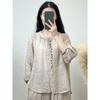 Cotton and Linen Shirt Women's Round Neck Embroidery Casual All-match Loose and Thin Summer Breathable Long-sleeved Shirt Women