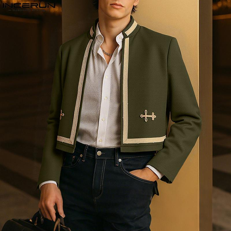 INCERUN Men Long Sleeve Embroidery Patchwork Open Front Casual Short Thin Coat Jackets