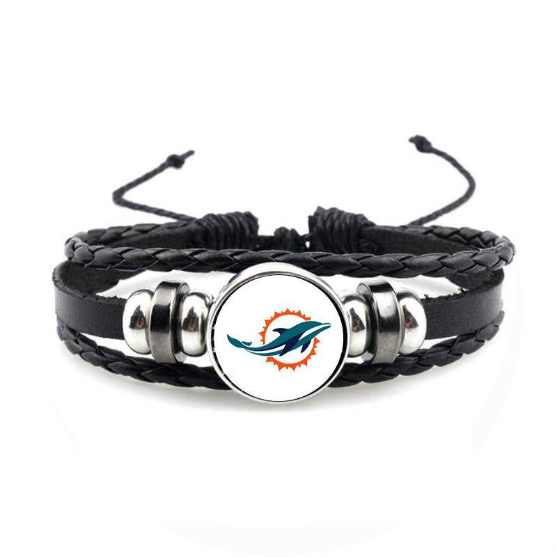 NFL 32 Teams Schwarzes Vintage-Leder-Football-Armband mit Zeit-Edelstein