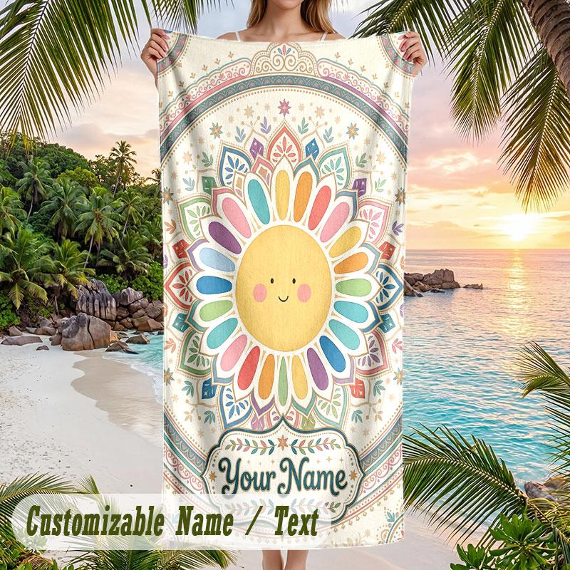 Sunburst Art Theme Quick Dry Beach Towel Custom Name Text Print Large Sand Resistant Towel Beach Vacation